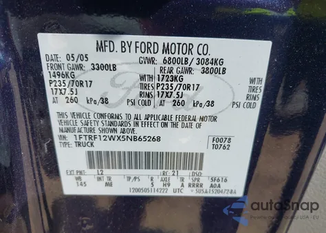 2005 Ford F-150 Stx/Xl/Xlt из США, поврежденный, VIN 1FTRF12WX5NB65268